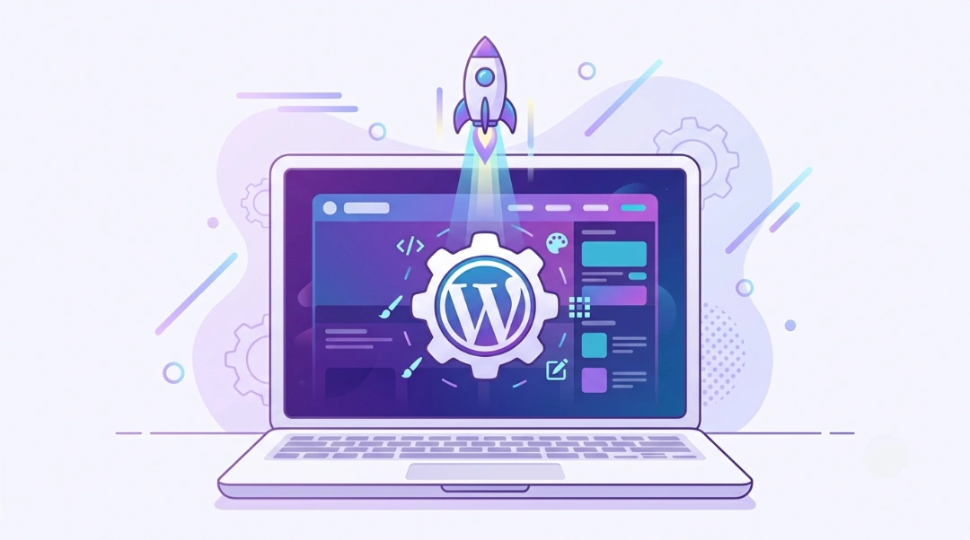 Flat illustration of a laptop showing how to install wordpress on hostinger website with a WordPress gear icon and a launching rocket.