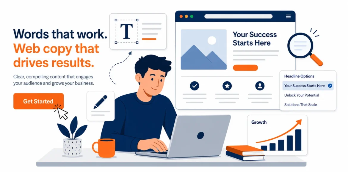 how to write content for website: illustration of a writer creating web copy on a laptop with headline options and a growth chart