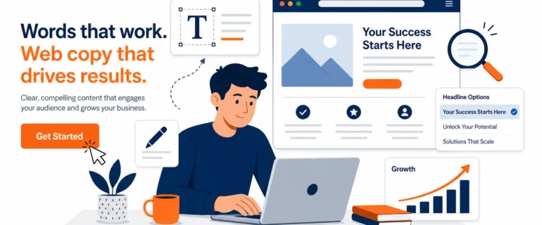 how to write content for website how to write content for website: illustration of a writer creating web copy on a laptop with headline options and a growth chart