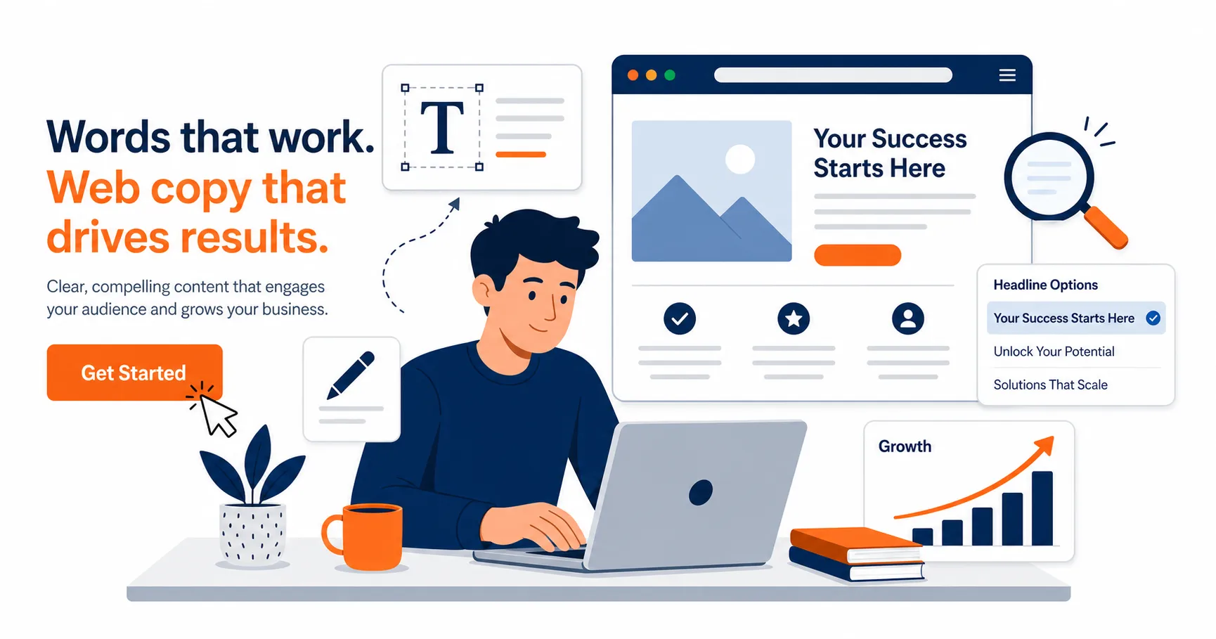 how to write content for website: illustration of a writer creating web copy on a laptop with headline options and a growth chart