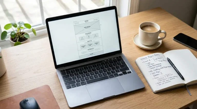 Laptop displaying a website wireframe layout on a desk alongside a notebook outlining how to write content for website success and information architecture.