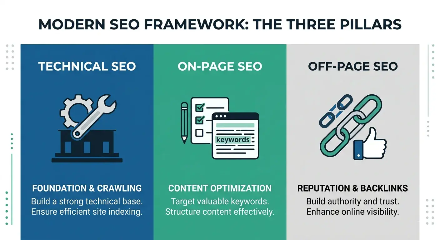 An infographic illustrating the Modern SEO Framework with three pillars: Technical SEO (Foundation & Crawling), On-Page SEO (Content Optimization with keywords), and Off-Page SEO (Reputation & Backlinks).