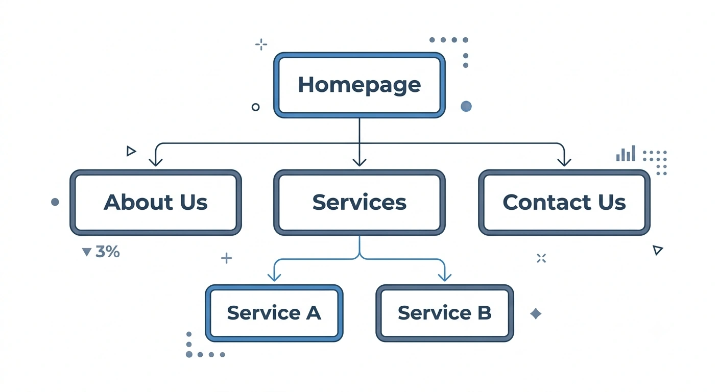 Vector flowchart infographic mapping out website information architecture, connecting Homepage to About Us, Services, Contact Us, and child service pages.