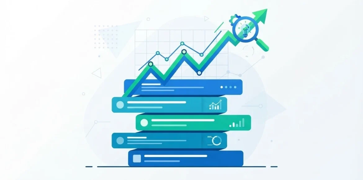 What Is a Content Pillar? Illustration showing stacked blog posts with a rising growth graph and magnifying glass representing content strategy