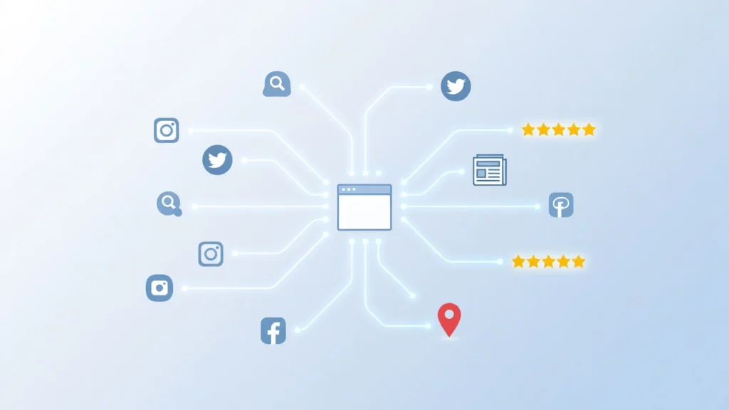 Off-page SEO ranking factors connecting a website to social media, reviews, and citations