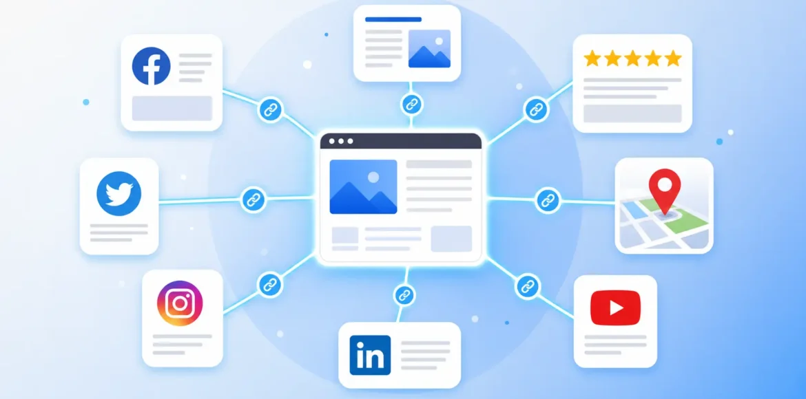 What is off page SEO diagram showing a website connected to social media, reviews, and map listings