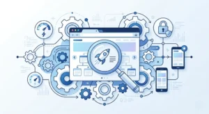 A modern flat illustration explaining what is technical SEO with a browser window, connected gears, speed gauge, HTTPS lock icon, and mobile responsive screens.