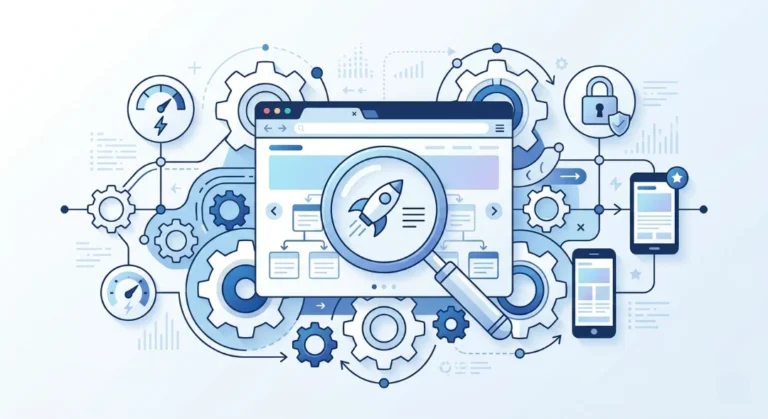 A modern flat illustration explaining what is technical SEO with a browser window, connected gears, speed gauge, HTTPS lock icon, and mobile responsive screens.
