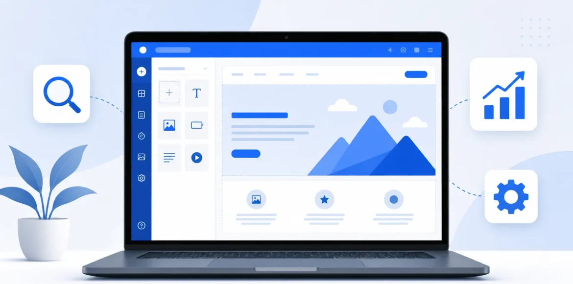Are websites built with AI builders SEO-friendly in the United States - laptop showing AI website builder with SEO icons