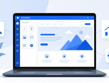 Are websites built with AI builders SEO-friendly in the United States - laptop showing AI website builder with SEO icons
