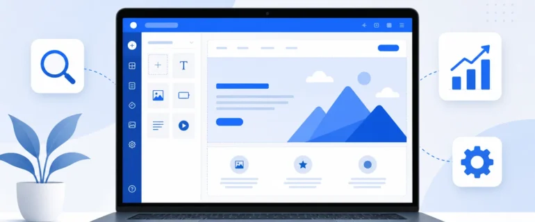 Are Websites Built with AI Builders SEO-Friendly in the United States Are websites built with AI builders SEO-friendly in the United States - laptop showing AI website builder with SEO icons