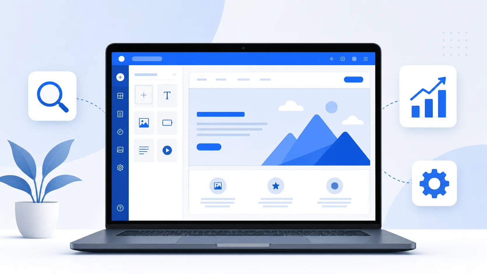 Are websites built with AI builders SEO-friendly in the United States - laptop showing AI website builder with SEO icons