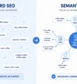 What Is Semantic SEO Diagram comparing keyword SEO vs semantic SEO showing scattered disconnected keywords on the left versus an organized topic cluster with connected entities on the right