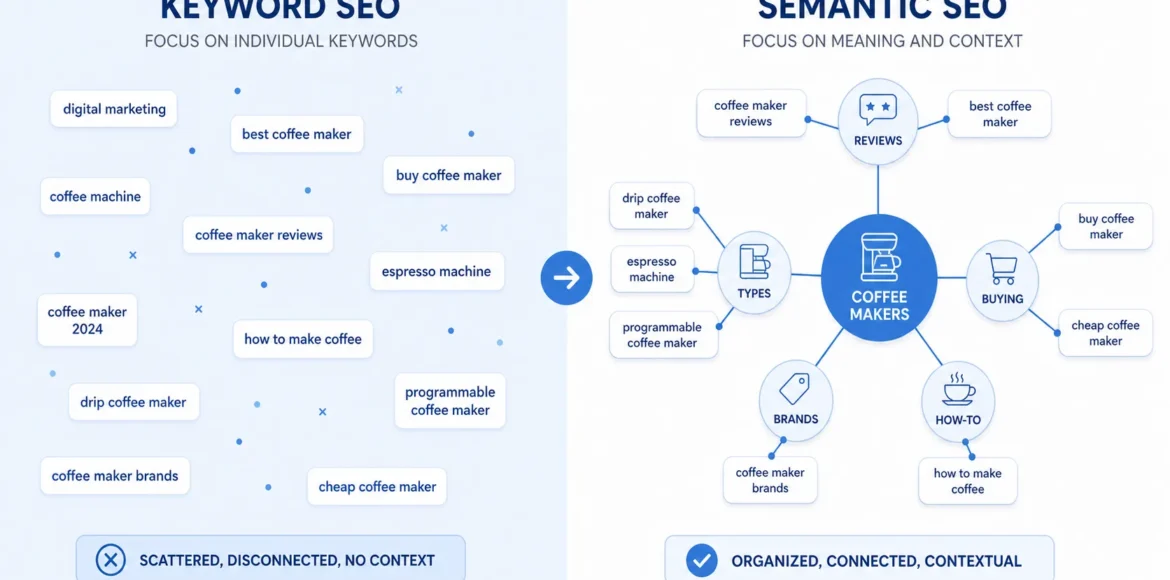 Diagram comparing keyword SEO vs semantic SEO showing scattered disconnected keywords on the left versus an organized topic cluster with connected entities on the right