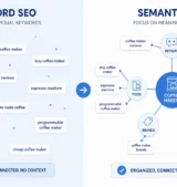 Diagram comparing keyword SEO vs semantic SEO showing scattered disconnected keywords on the left versus an organized topic cluster with connected entities on the right