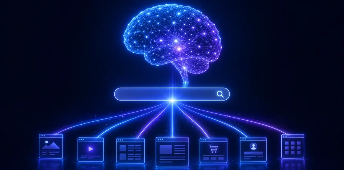 AI brain connected to search bar and website icons illustrating how AI Overview will change SEO