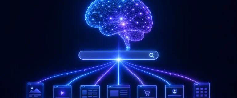 how ai overview will change seo AI brain connected to search bar and website icons illustrating how AI Overview will change SEO