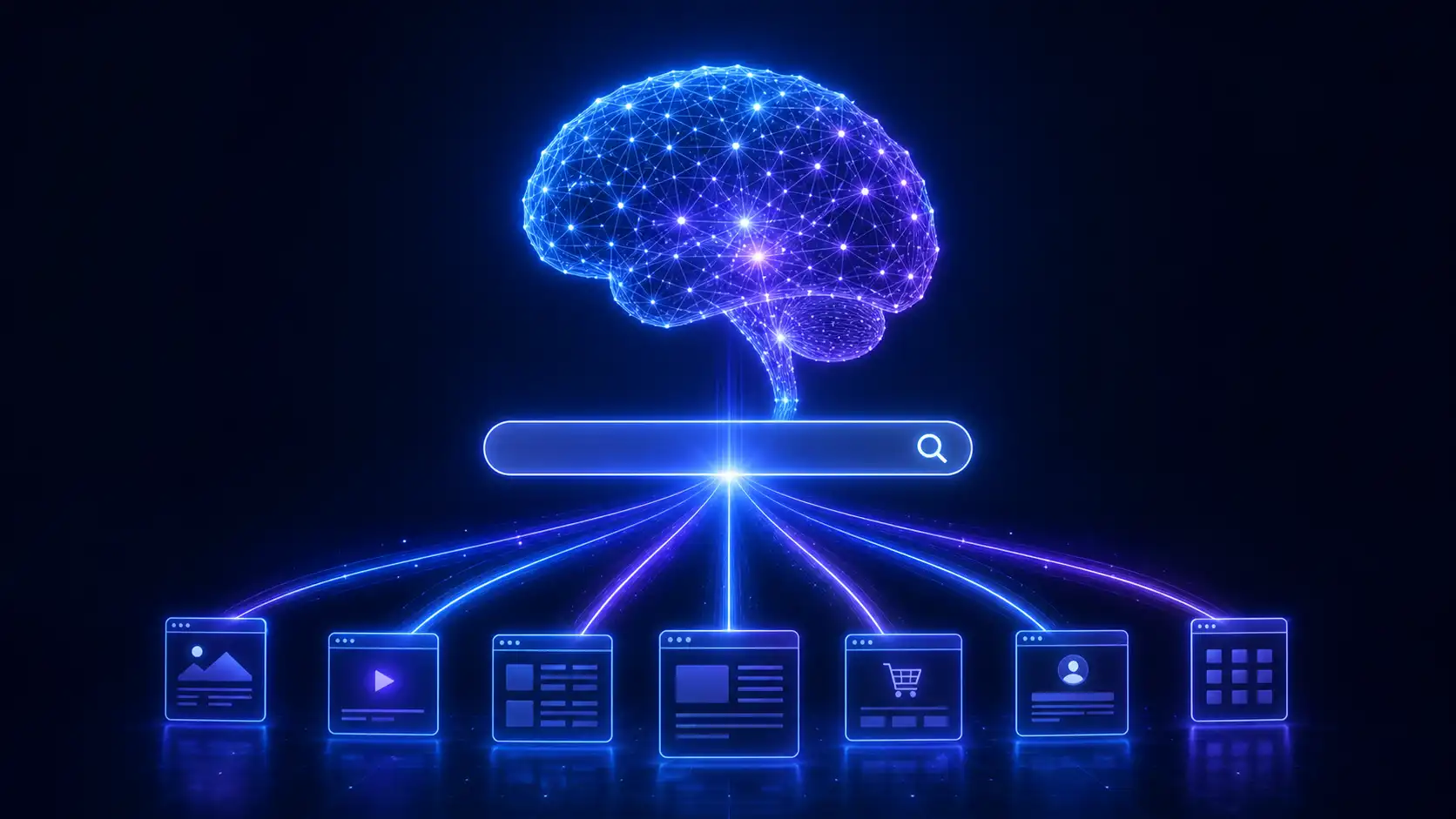 AI brain connected to search bar and website icons illustrating how AI Overview will change SEO