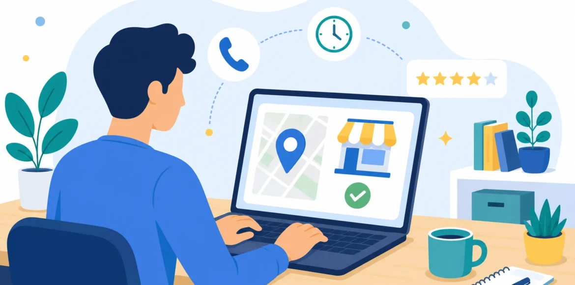 How to optimize GMB listing: person setting up a business profile on a laptop