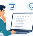 what are the benefits of seo What are the benefits of SEO? A business owner sees his website ranking first, with traffic, trust, growth and local icons.
