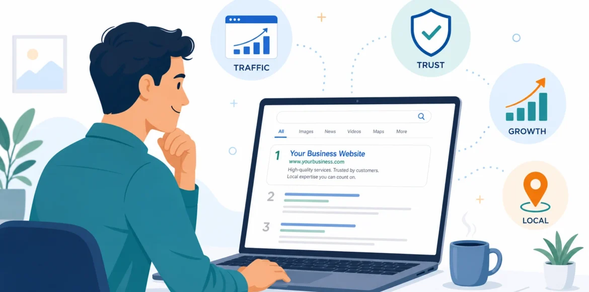 What are the benefits of SEO? A business owner sees his website ranking first, with traffic, trust, growth and local icons.