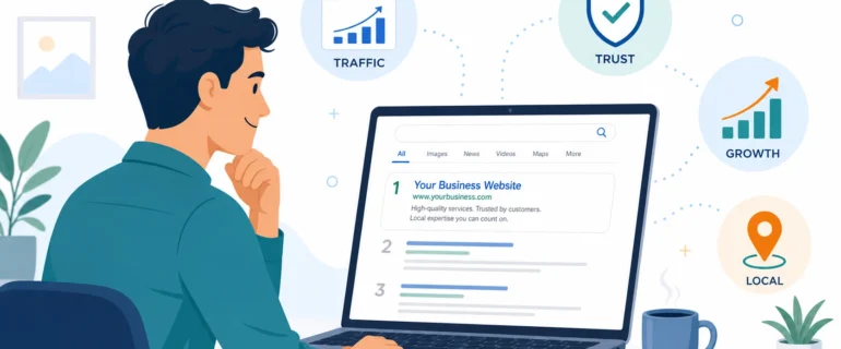 What are the benefits of SEO? A business owner sees his website ranking first, with traffic, trust, growth and local icons.