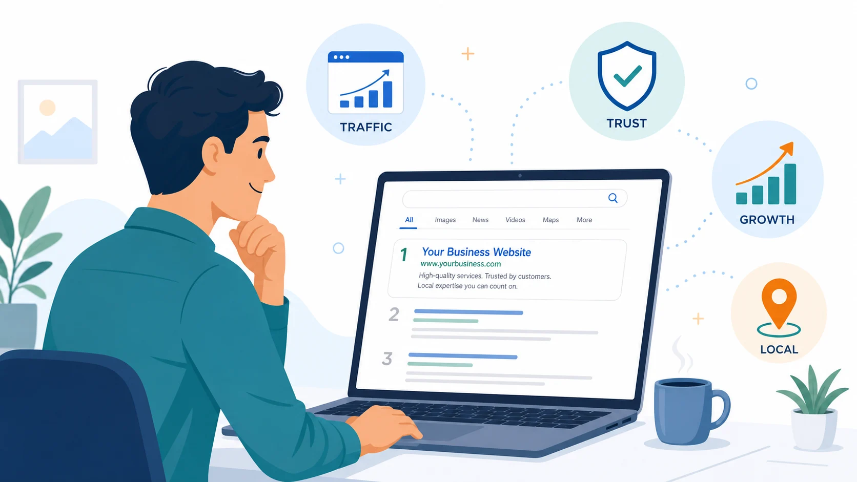 What are the benefits of SEO? A business owner sees his website ranking first, with traffic, trust, growth and local icons.