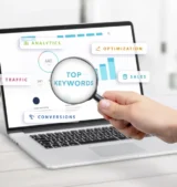 Magnifying glass over a laptop dashboard showing top keywords, a visual guide to keyword targeting and on page SEO