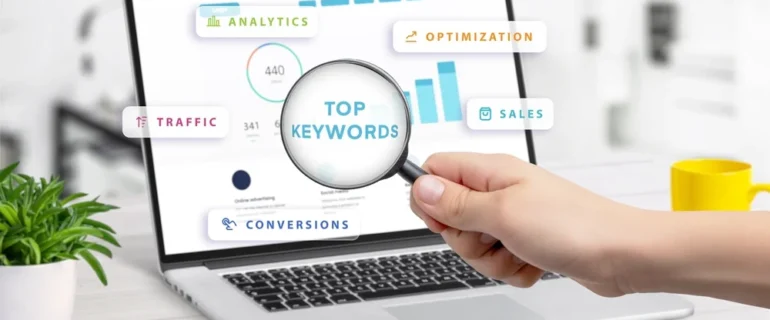 A Visual Guide to Keyword Targeting and On-Page SEO Magnifying glass over a laptop dashboard showing top keywords, a visual guide to keyword targeting and on page SEO