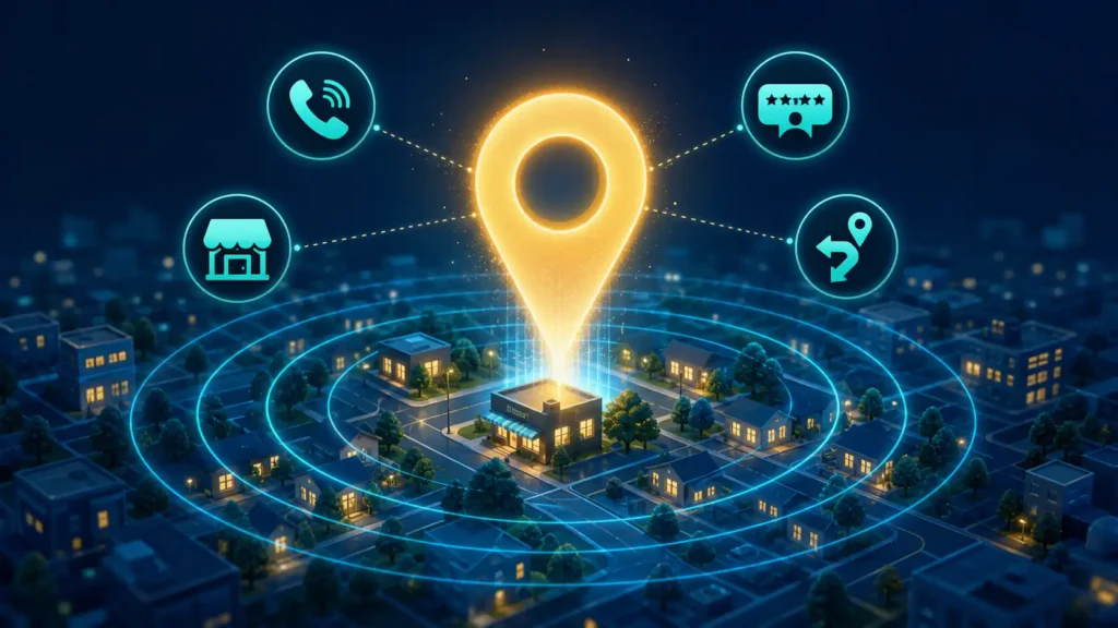 Benefits of local SEO shown by a glowing map pin over a neighborhood with call, review, store visit and directions icons