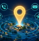 Benefits of local SEO shown by a glowing map pin over a neighborhood with call, review, store visit and directions icons