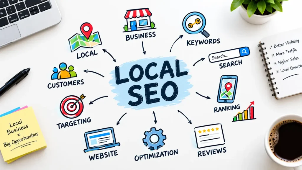 Local SEO without a website: map listing, Google Business Profile, reviews and ranking icons in a hand-drawn diagram
