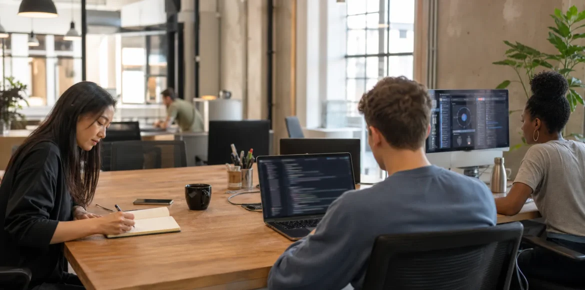 Does SEO require coding? Team members working at different technical levels in a co-working space