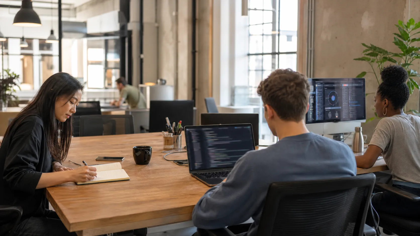Does SEO require coding? Team members working at different technical levels in a co-working space