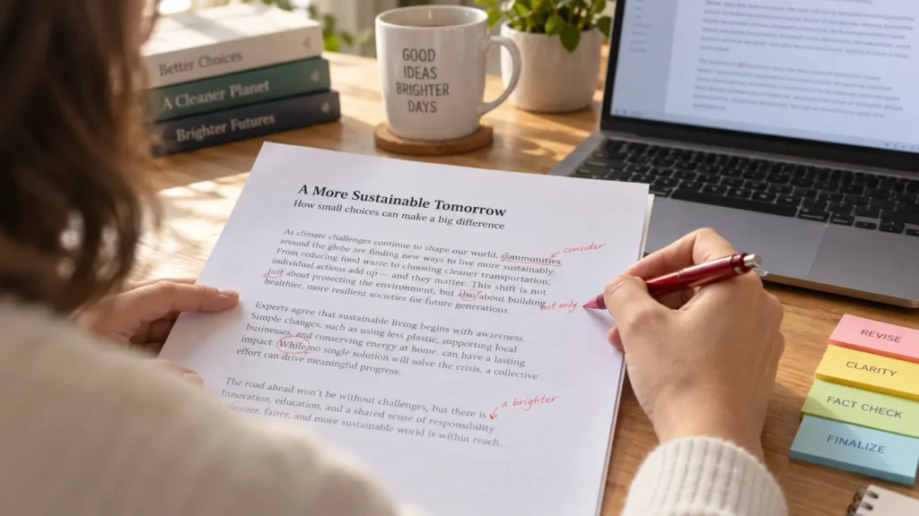 Editor reviewing a printed draft with a red pen, showing why ChatGPT SEO content needs human editing