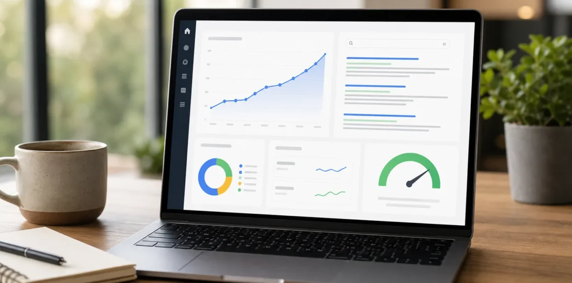 How can SEO services help improve my website: laptop dashboard showing rising organic traffic and a speed score
