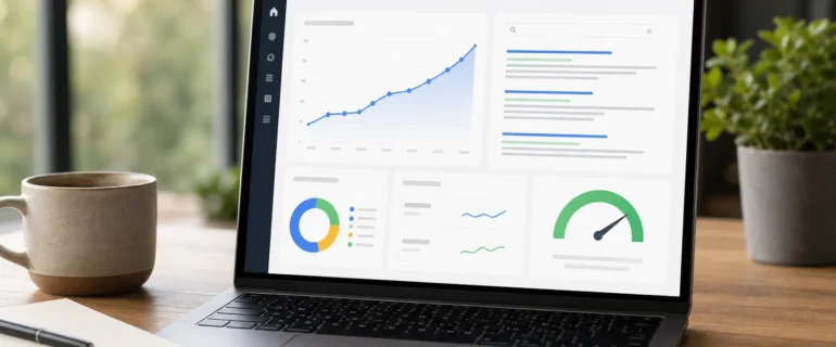 How can SEO services help improve my website How can SEO services help improve my website: laptop dashboard showing rising organic traffic and a speed score