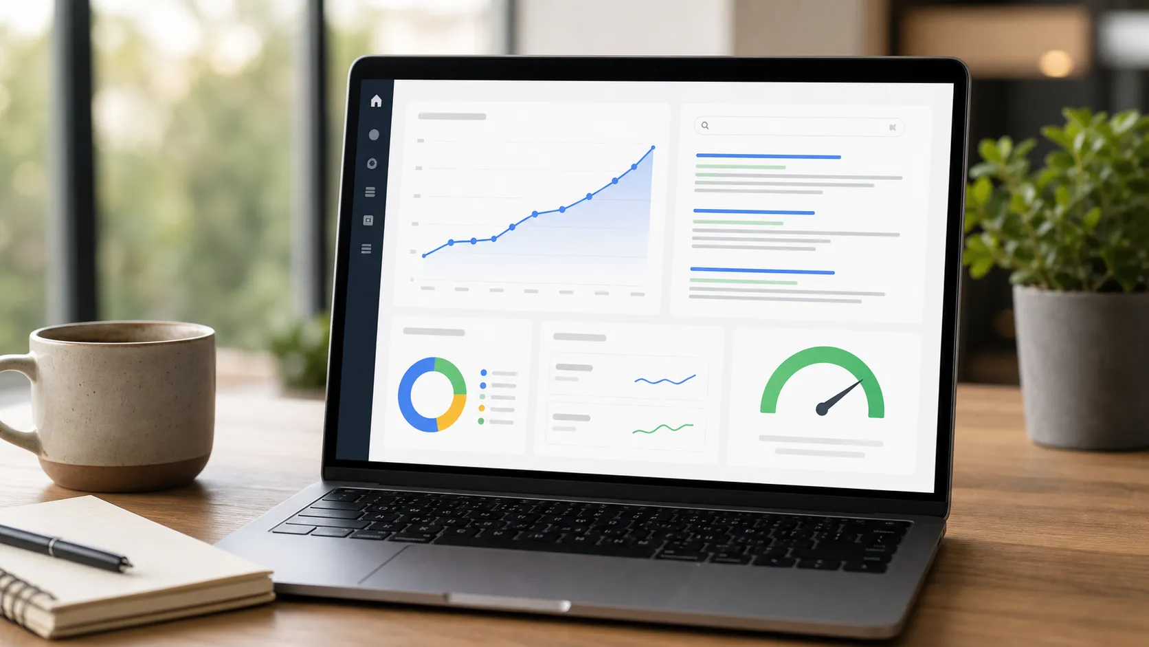How can SEO services help improve my website: laptop dashboard showing rising organic traffic and a speed score