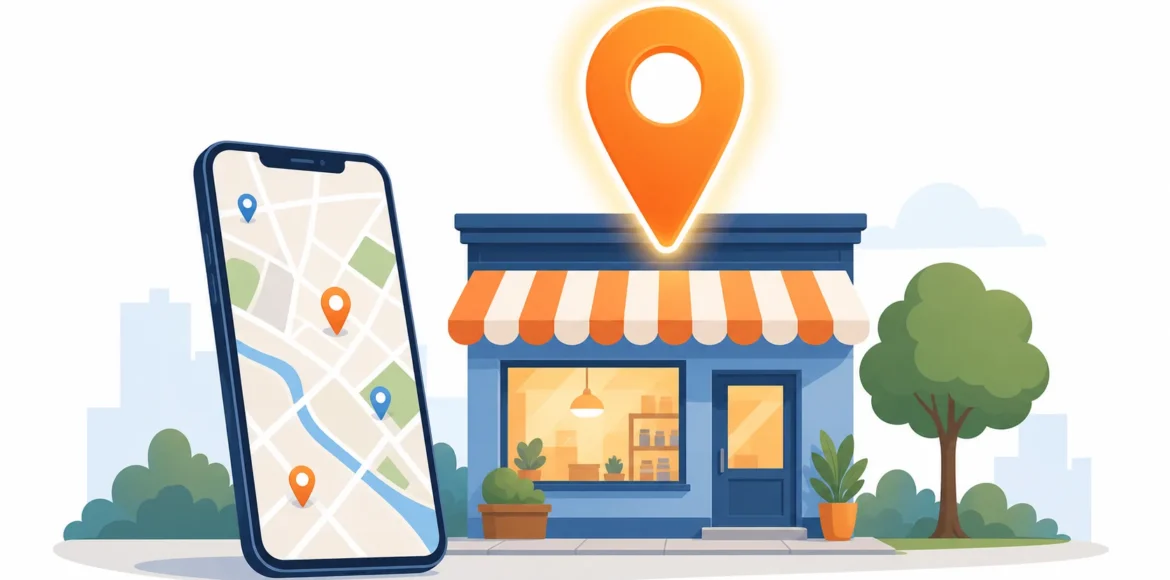What Is Local SEO: a storefront with a glowing map pin and a phone showing nearby business locations