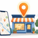 What Is Local SEO: a storefront with a glowing map pin and a phone showing nearby business locations