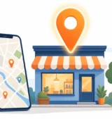 What Is Local SEO: a storefront with a glowing map pin and a phone showing nearby business locations