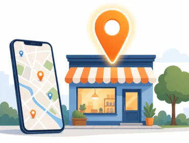 What Is Local SEO: a storefront with a glowing map pin and a phone showing nearby business locations