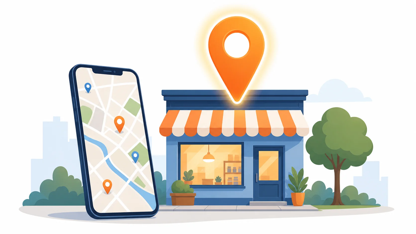 What Is Local SEO: a storefront with a glowing map pin and a phone showing nearby business locations
