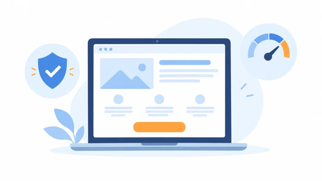 Illustration of why web design matters: a website layout with a trust shield, speed gauge, and call-to-action button