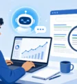 how to use ai for seo How to use AI for SEO: a marketer reviewing a rising ranking graph on a laptop with an AI assistant beside the screen