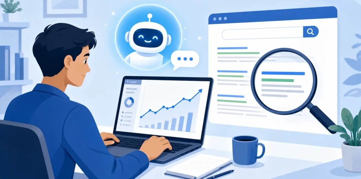 How to use AI for SEO: a marketer reviewing a rising ranking graph on a laptop with an AI assistant beside the screen