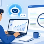How to use AI for SEO: a marketer reviewing a rising ranking graph on a laptop with an AI assistant beside the screen