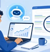 How to use AI for SEO: a marketer reviewing a rising ranking graph on a laptop with an AI assistant beside the screen