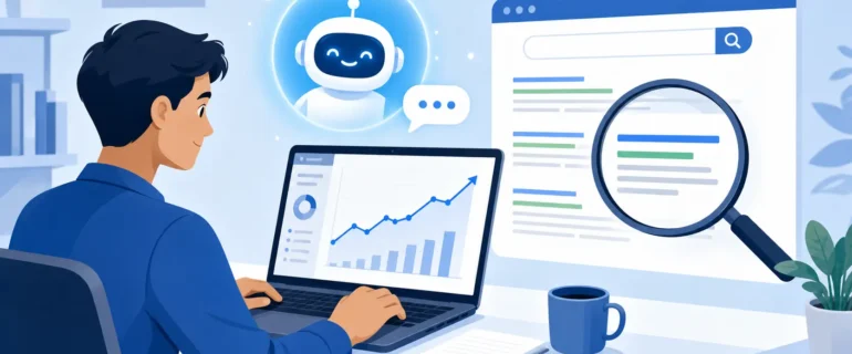 how to use ai for seo How to use AI for SEO: a marketer reviewing a rising ranking graph on a laptop with an AI assistant beside the screen