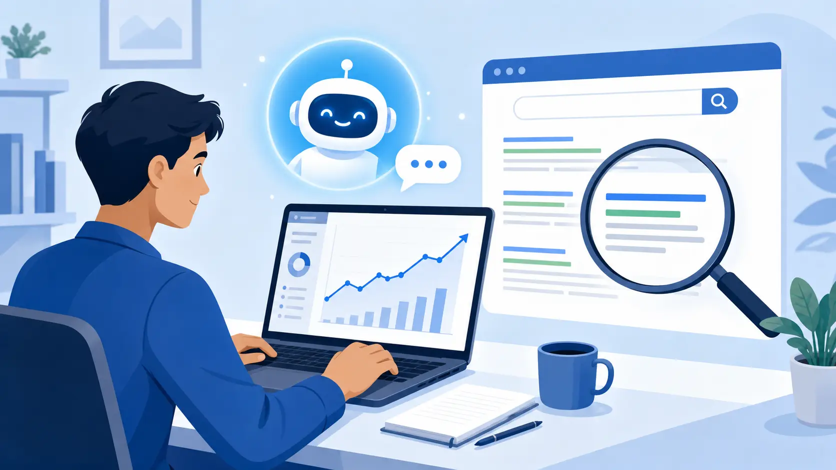 How to use AI for SEO: a marketer reviewing a rising ranking graph on a laptop with an AI assistant beside the screen